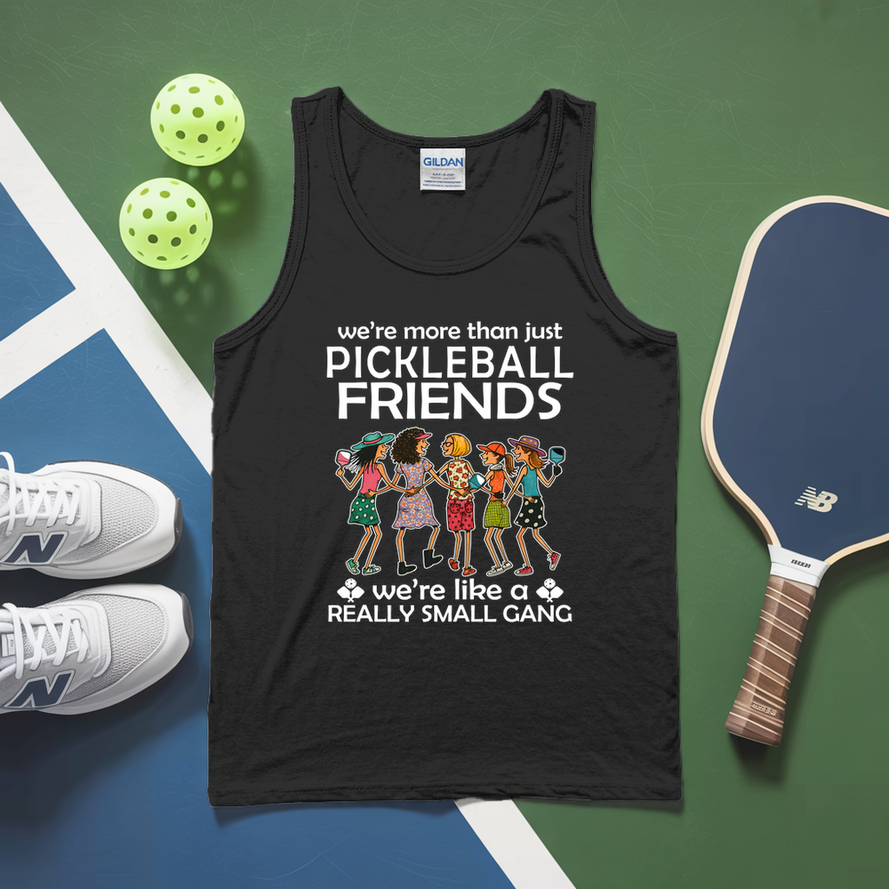 Black tank top with pickleball-themed design on a green and blue background with pickleballs and a paddle.