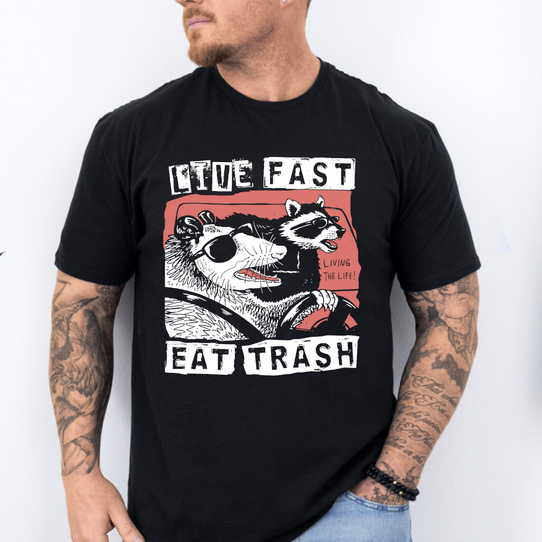 Comfort Colors Live Fast Eat Trash T-Shirt - Picklechillz Funny Raccoon Meme Graphic Tee for Men & Women