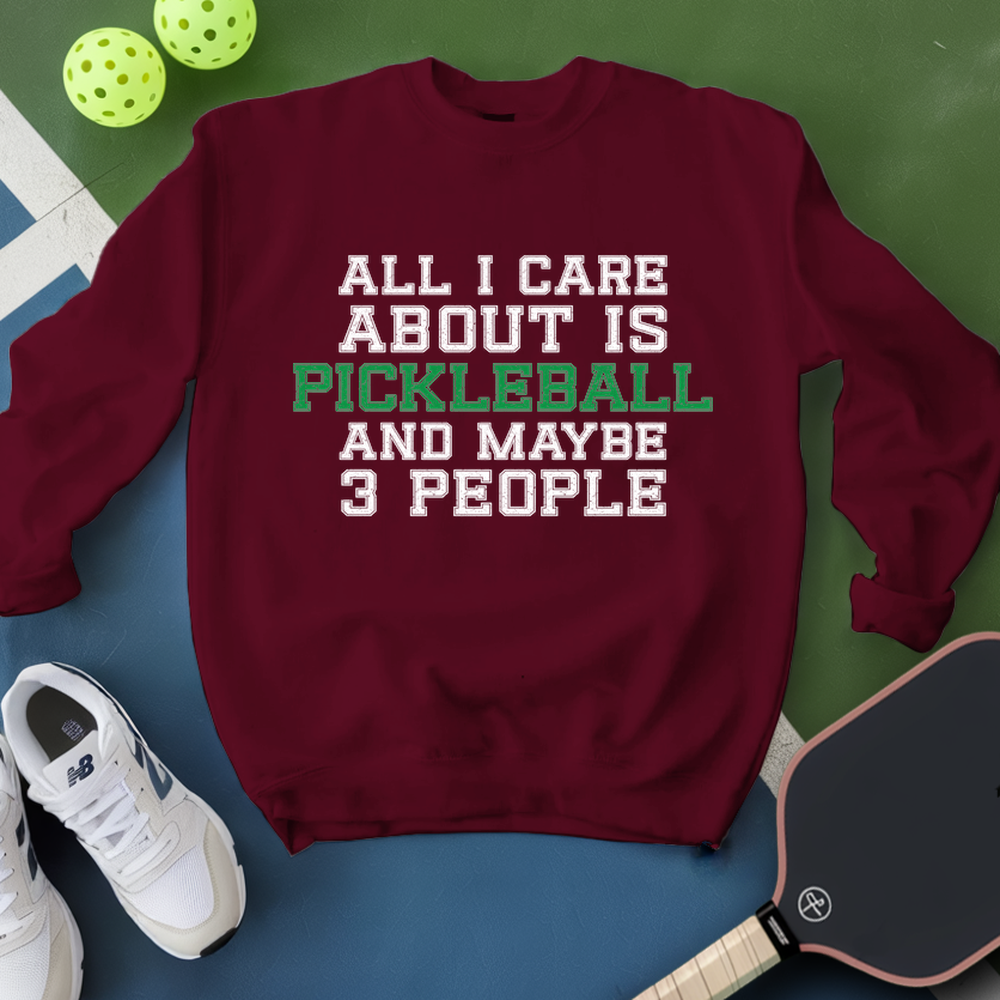 Maroon sweatshirt with pickleball text, pickleballs, and paddle on a green and blue background