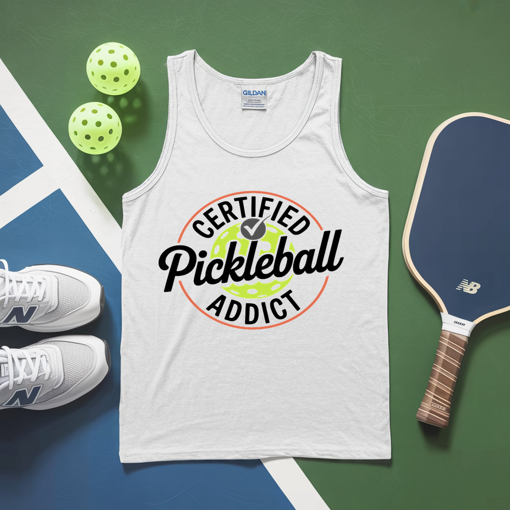 White tank top with 'Certified Pickleball Addict' design, pickleballs, and paddle on a green and blue background.