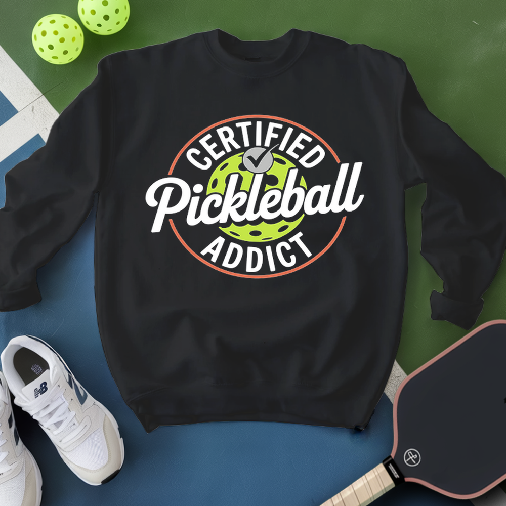 Black sweatshirt with 'Certified Pickleball Addict' text, white sneakers, and pickleball paddles on a green and blue background.