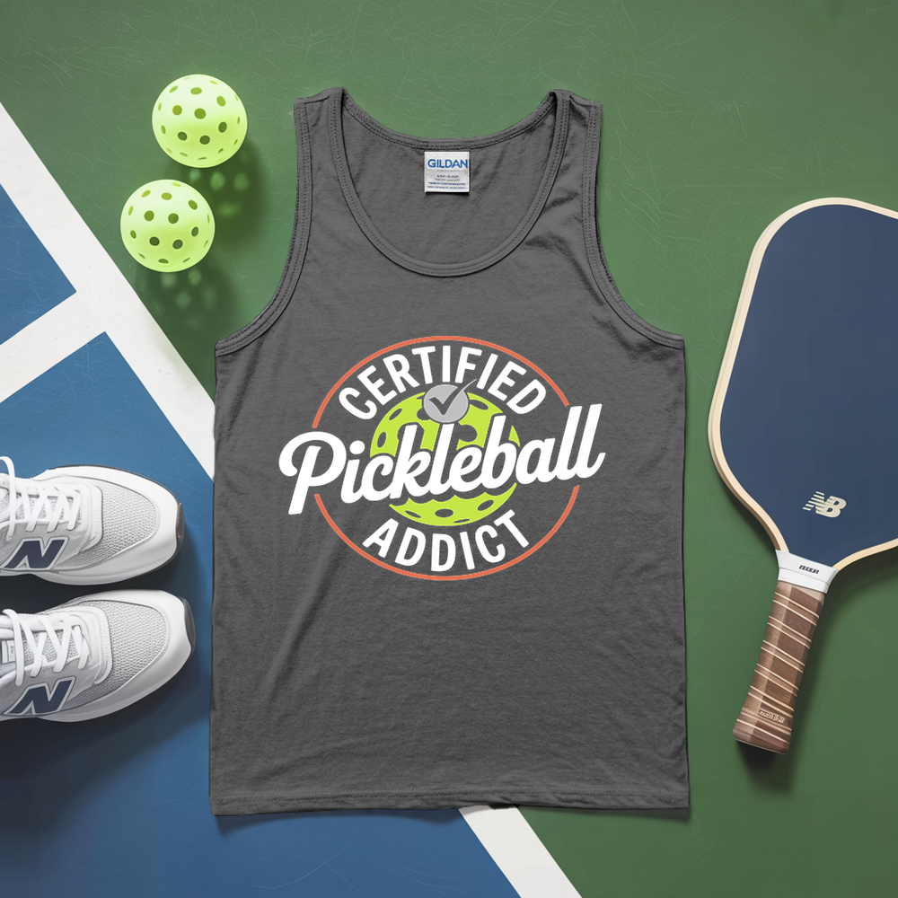 Gray tank top with 'Certified Pickleball Addict' design, pickleball balls, paddle, and shoes on a green and blue surface.