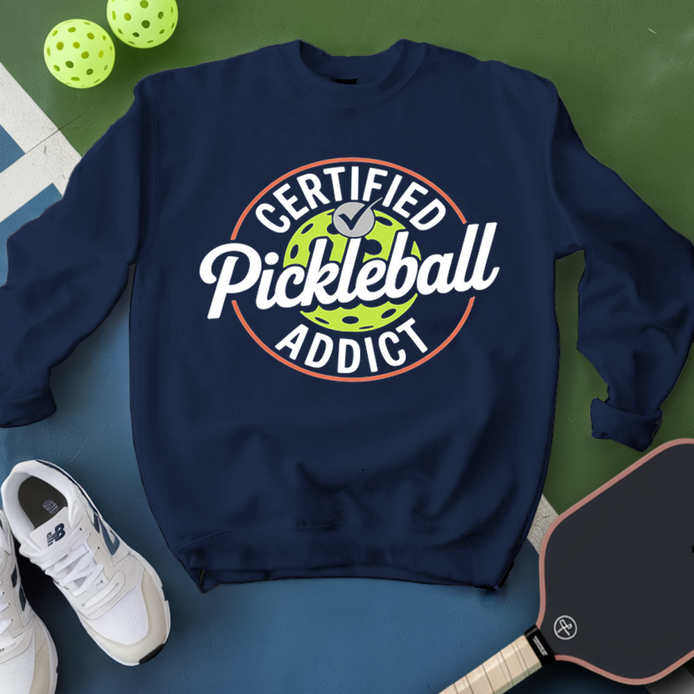 Navy sweatshirt with 'Certified Pickleball Addict' design, surrounded by pickleballs and a paddle on a green and blue background.