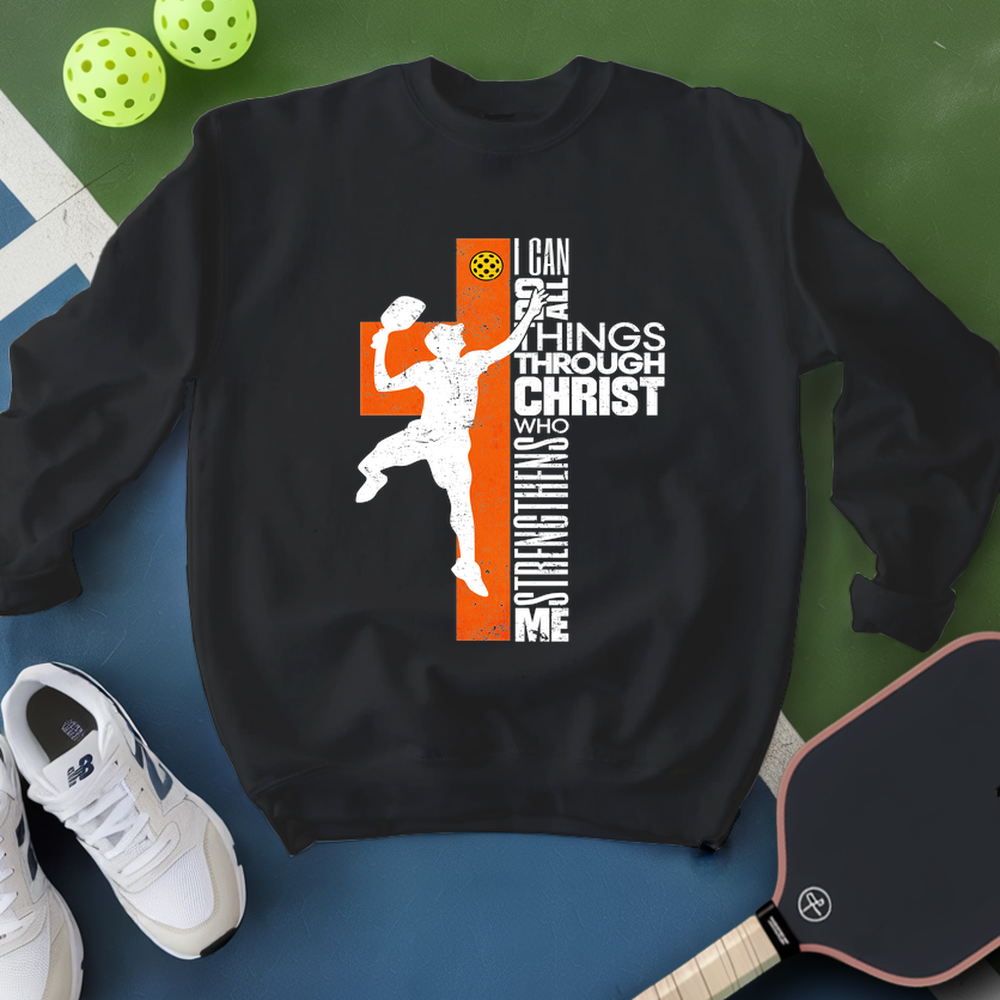 Black sweatshirt with sports-themed design on a green and blue background