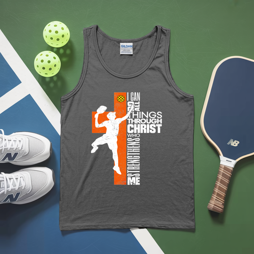 Gray tank top with sports-themed design, pickleball paddles, and balls on a green and blue background