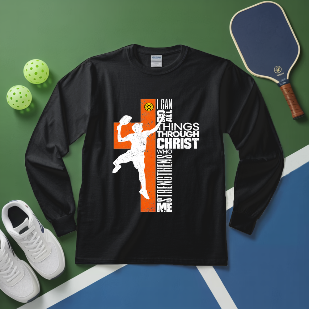 Black long-sleeve shirt with graphic design on a sports court background