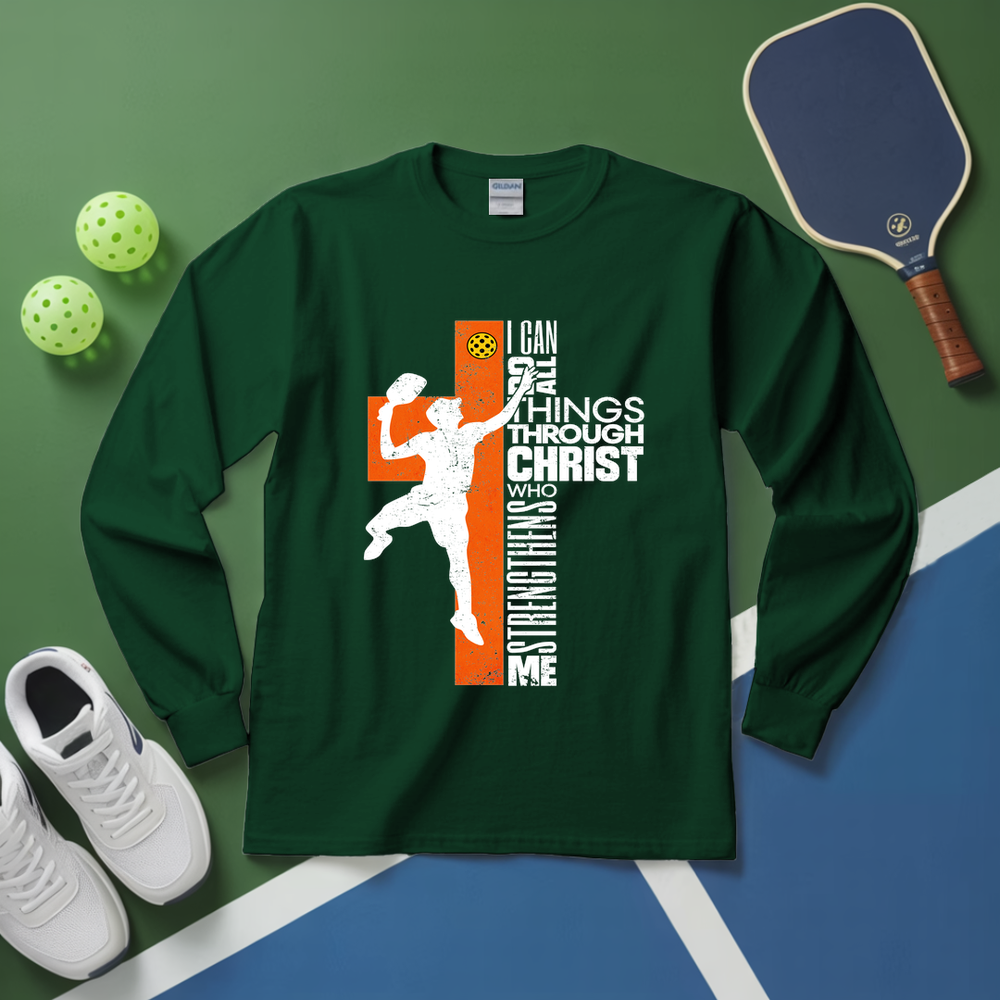 Green long-sleeve shirt with sports-themed design on a green and blue background with sports equipment.