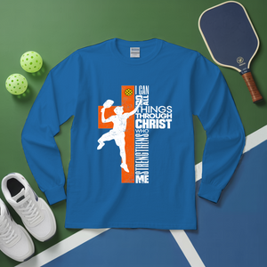 Blue long-sleeve shirt with sports-themed design on a green and blue background