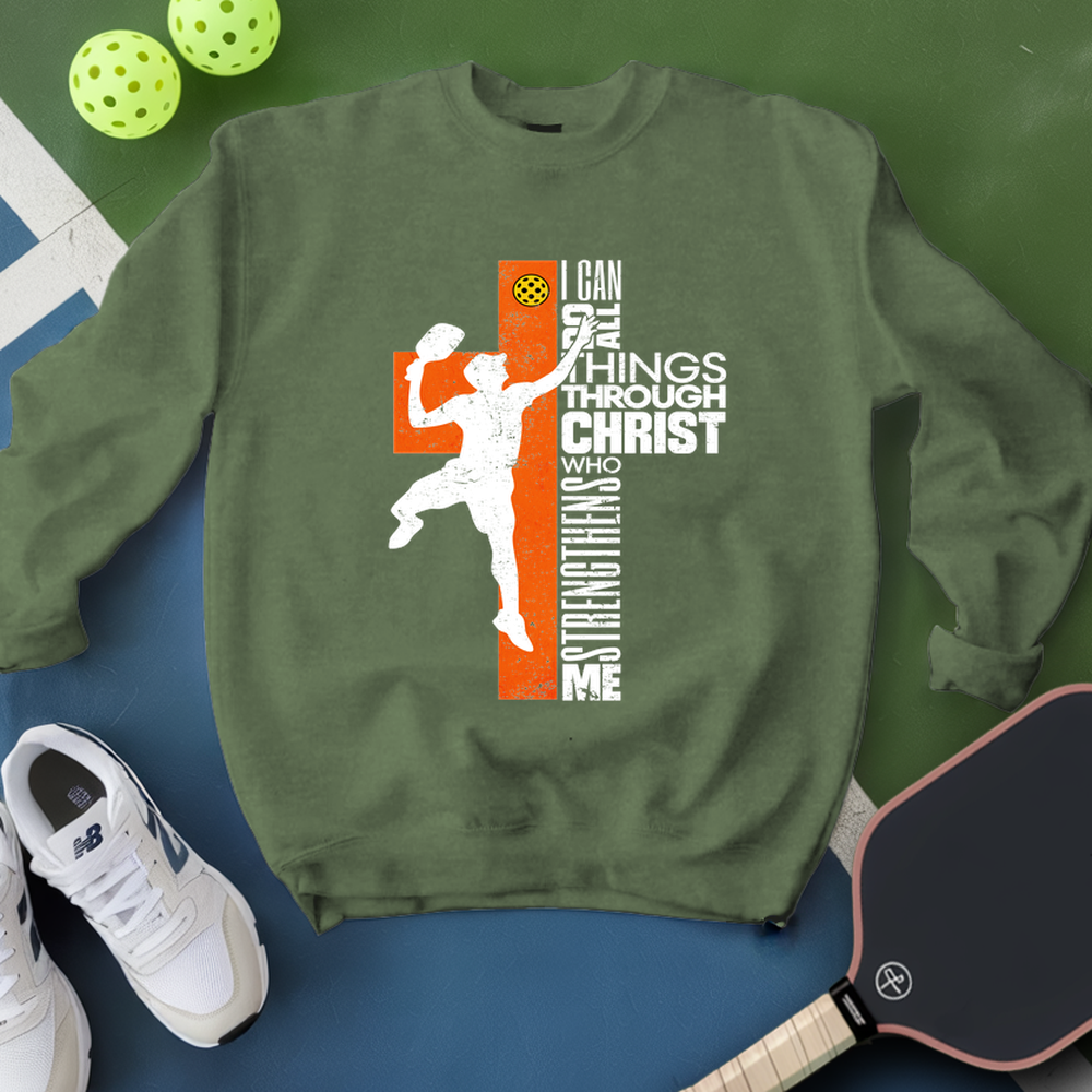 Green sweatshirt with sports-themed design on a green and blue background