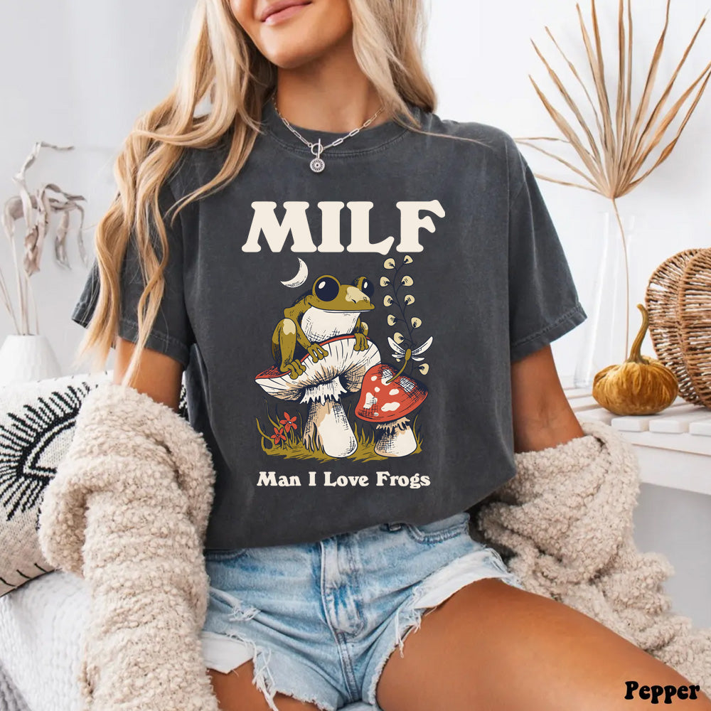 Comfort Colors MILF Man I Love Frogs T-Shirt - Picklechillz Cute Cottagecore Frog Shirt, Aesthetic Mushroom Toad Tee, Funny Nature Lover Gift for Women & Men