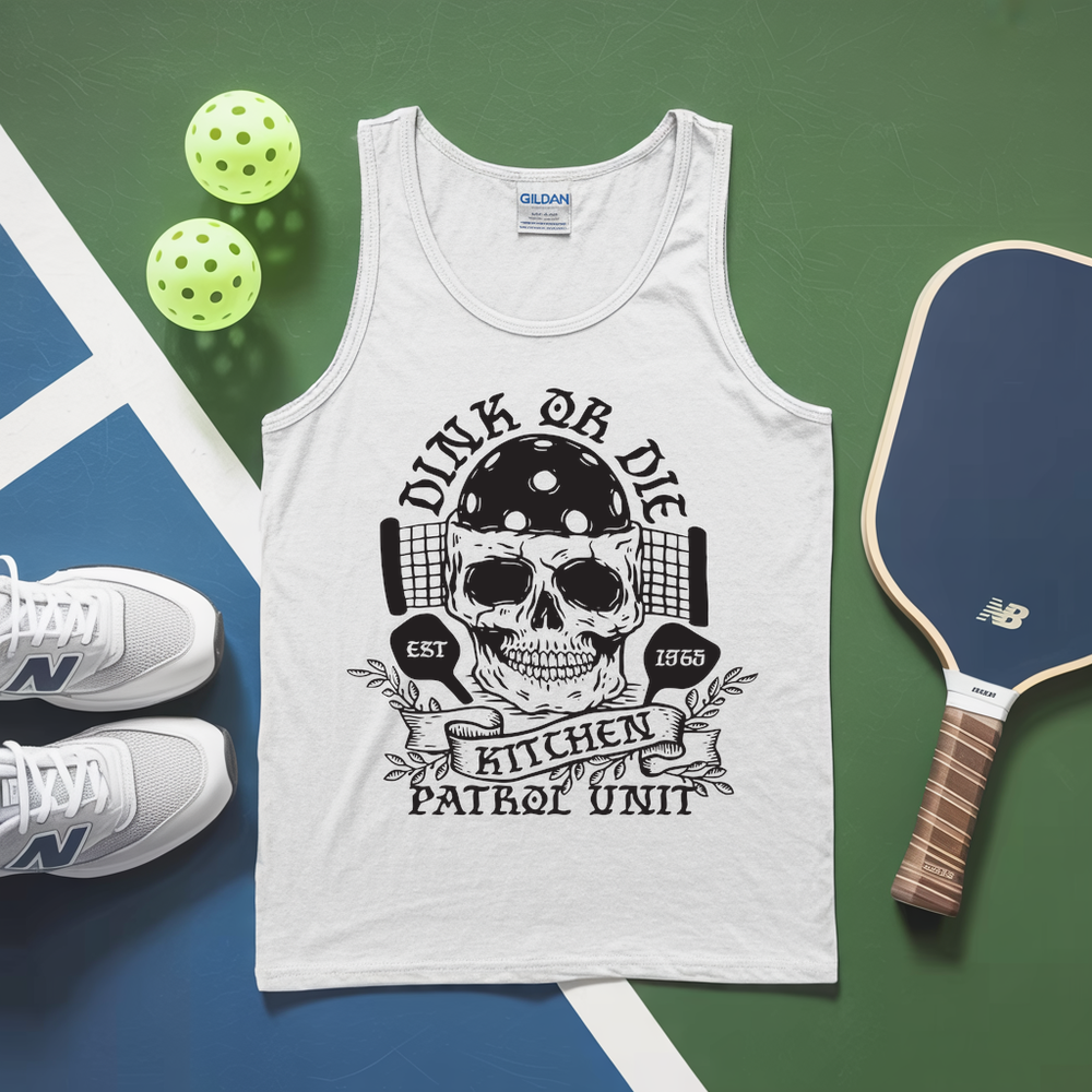 White tank top with skull and paddle graphic, white sneakers, pickleballs, and paddle on a green and blue background