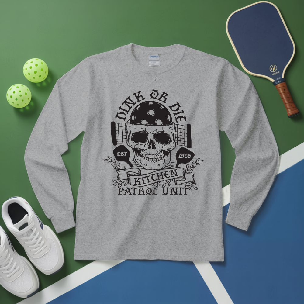 Gray long-sleeve shirt with skull design on a green and blue background with sports equipment.