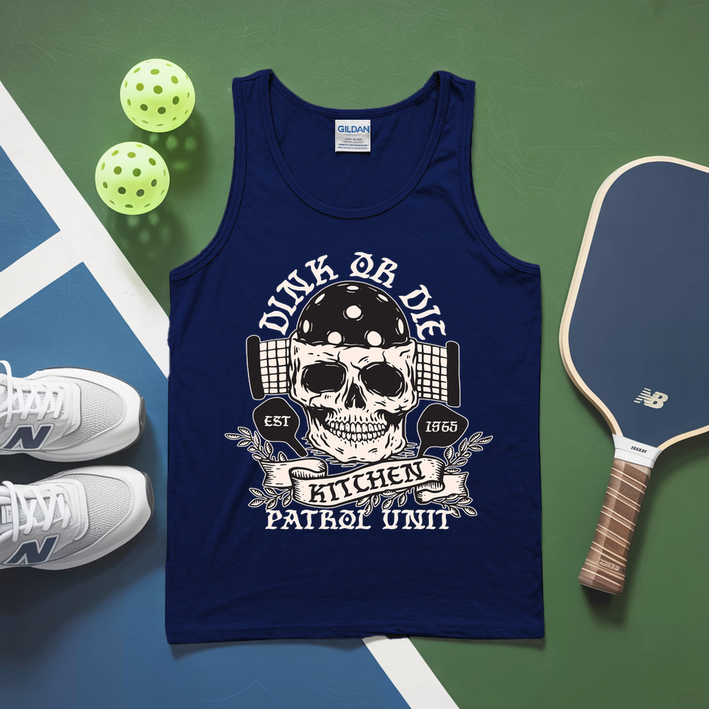 Navy tank top with skull and text design on a sports-themed background with pickleball equipment.