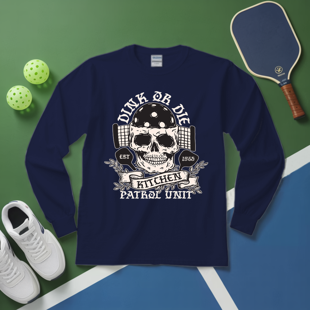 Navy blue long-sleeve shirt with skull design on a green and blue surface with sports equipment.