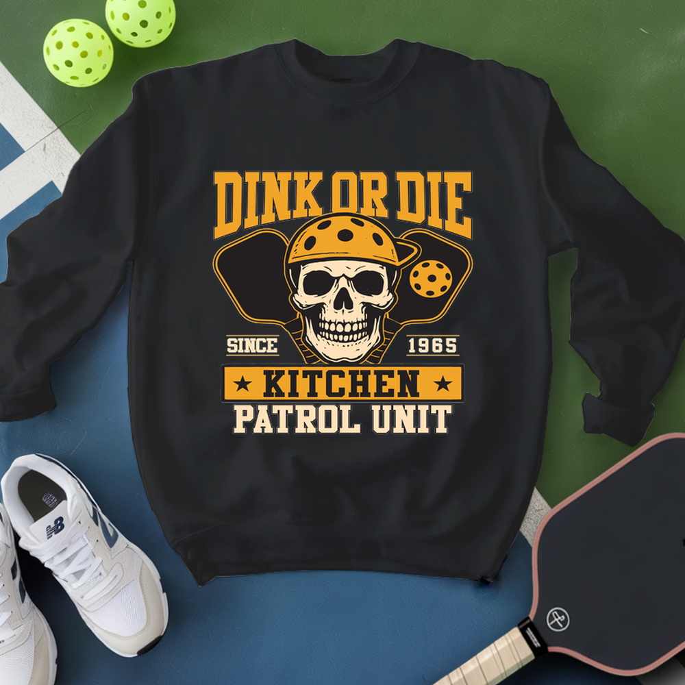 Black sweatshirt with skull graphic and text on a green and blue background