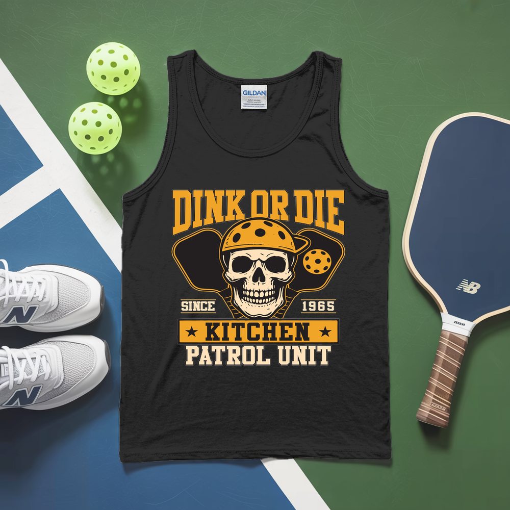 Black tank top with skull graphic and text on a green and blue surface with pickleball equipment.