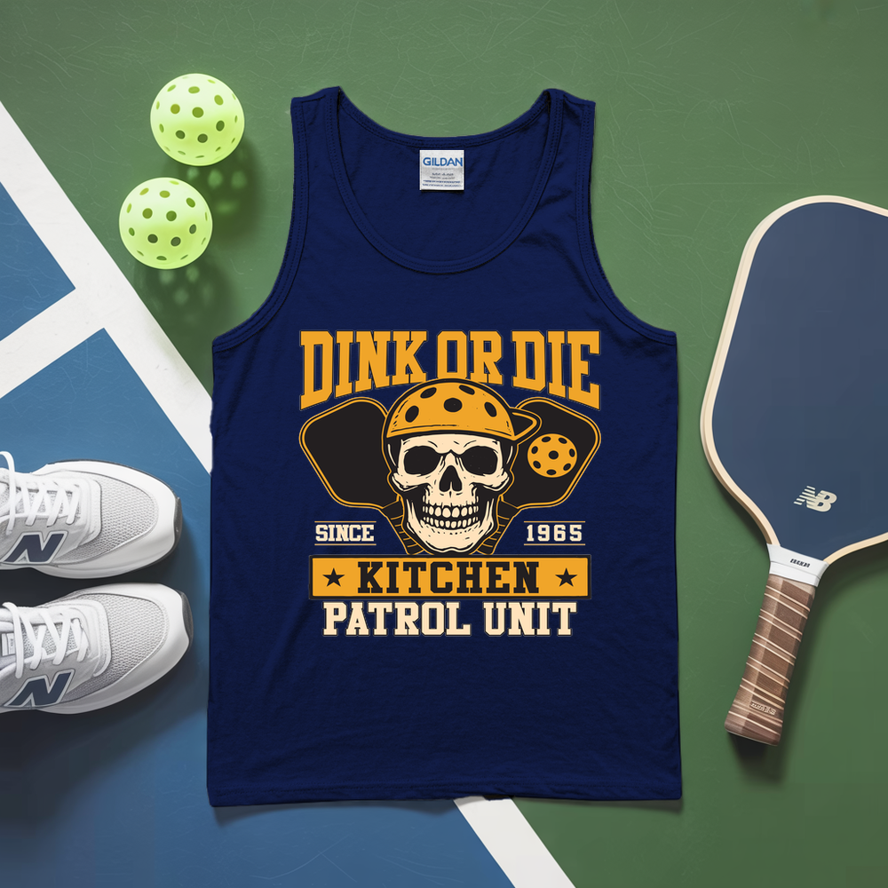 Navy tank top with skull graphic and text on a green and blue background with pickleball equipment.