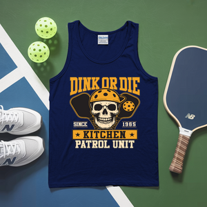 Navy tank top with skull graphic and text on a green and blue background with pickleball equipment.