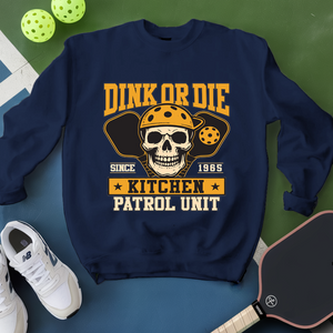 Navy blue sweatshirt with skull graphic and text on a green and blue background