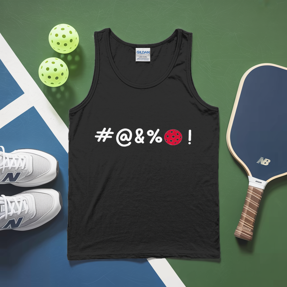 Black tank top with '#@&%!' text, pickleball paddles, and balls on a green and blue surface.