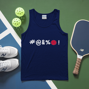 Navy tank top with '#@&%' text and pickleball equipment on a green and blue surface