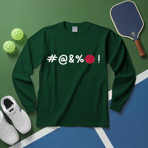 Green long-sleeve shirt with offensive language and pickleball elements on a green and blue surface.