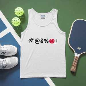 White tank top with offensive language text, white sneakers, pickleballs, and a paddle on a green and blue surface.