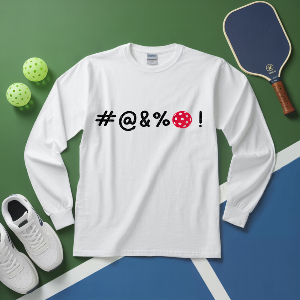 White long-sleeve shirt with graphic design on a green and blue surface with sports equipment.