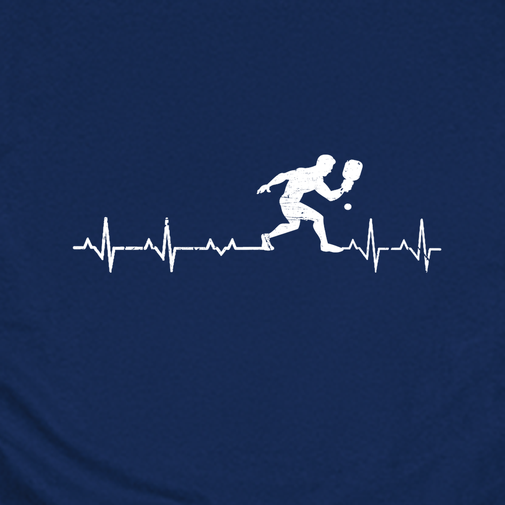 Navy blue t-shirt with a white silhouette of a person playing tennis and a heartbeat line on a navy background