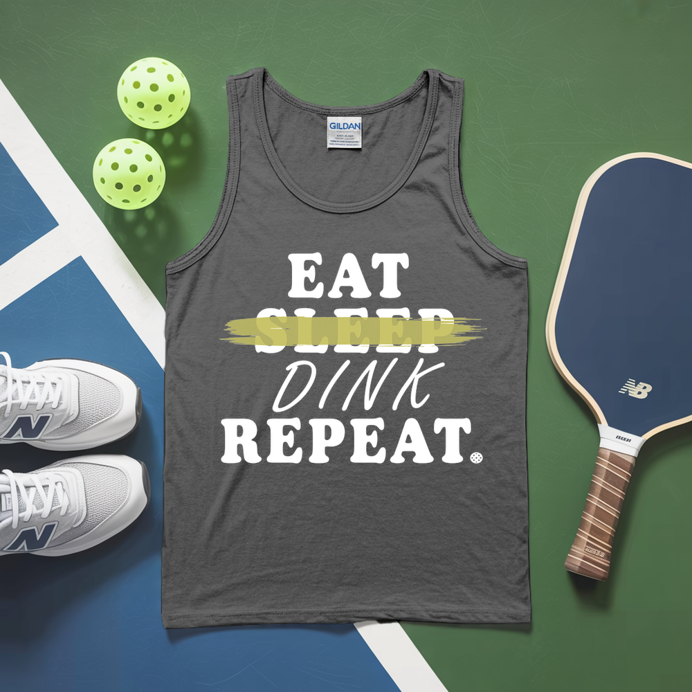 Gray tank top with 'EAT SLEEP DINK REPEAT' text on a pickleball court background.