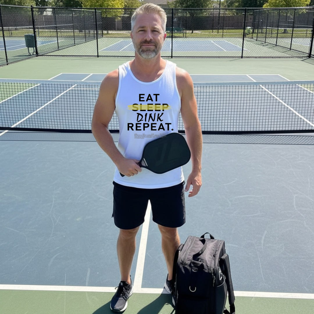 Black tank top with 'EAT SLEEP DINK REPEAT' text, pickleball paddles, and balls on a green and blue surface.