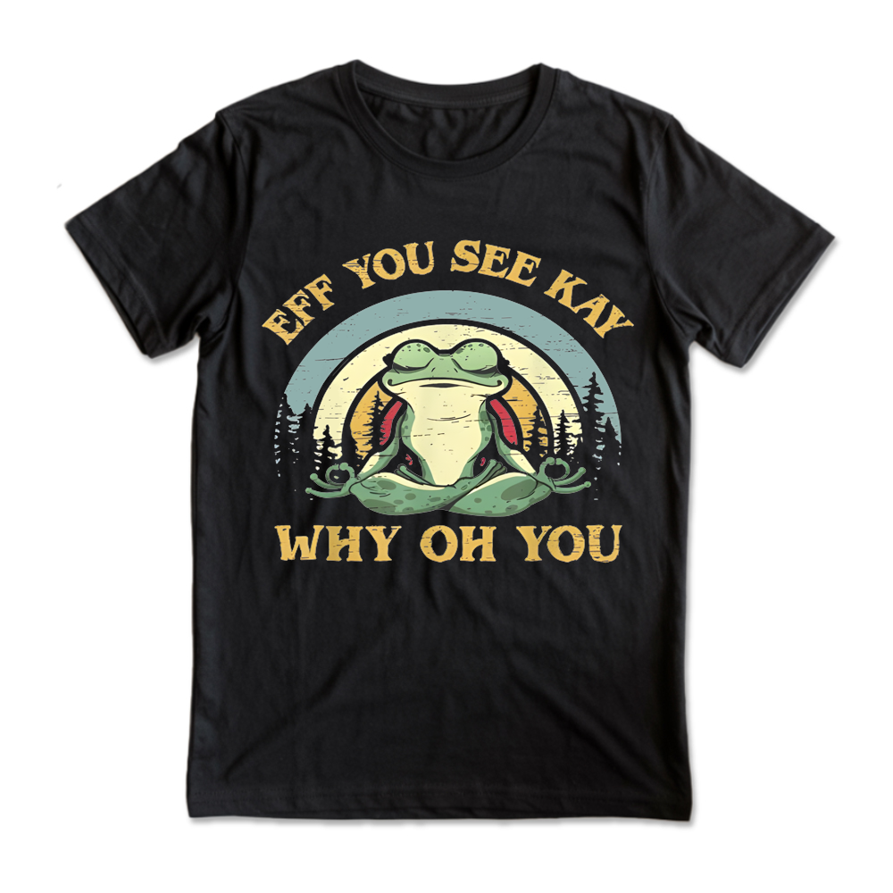 Black t-shirt with a graphic of a frog and text on a white background