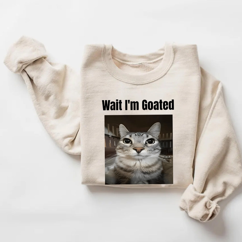 Funny Cat Meme Sweatshirt- Picklechillz Wait I’m Goated Graphic Tee