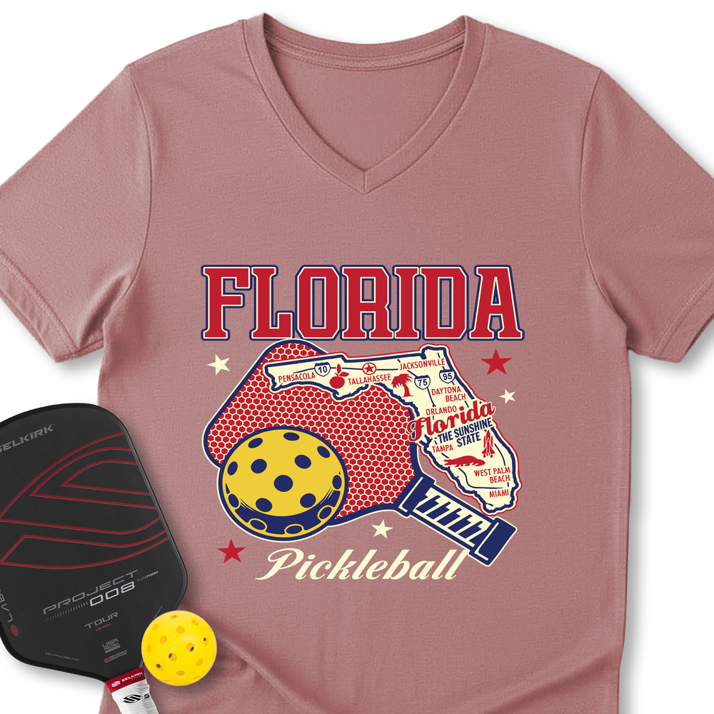 Florida Pickleball State Map Graphic V-Neck T-Shirt - Picklechillz