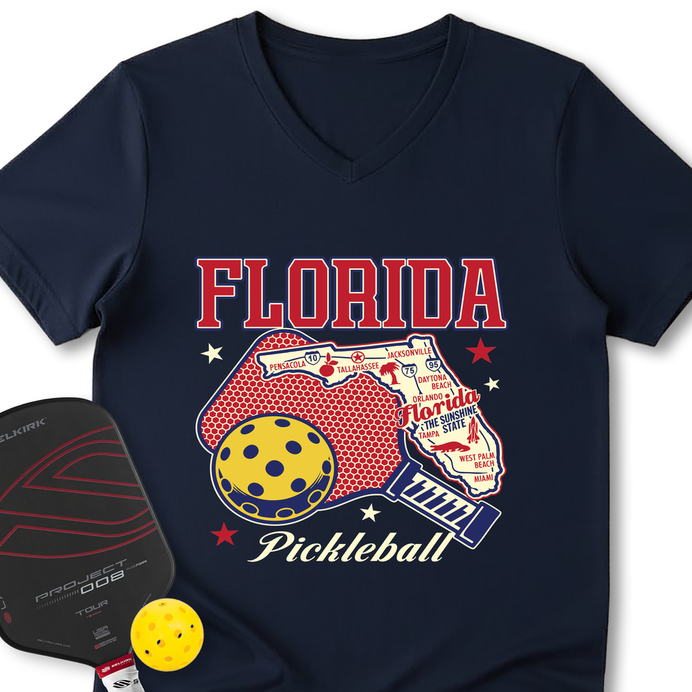 Florida Pickleball State Map Graphic V-Neck T-Shirt - Picklechillz