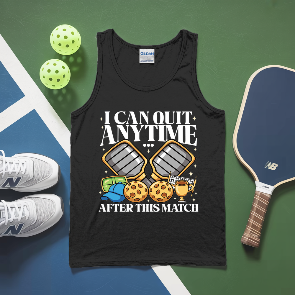 Black tank top with humorous pickleball graphic and text on a green and blue background with pickleballs and paddle.