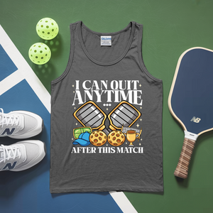 Gray tank top with pickleball-themed design on a green and blue background with pickleballs and a paddle.