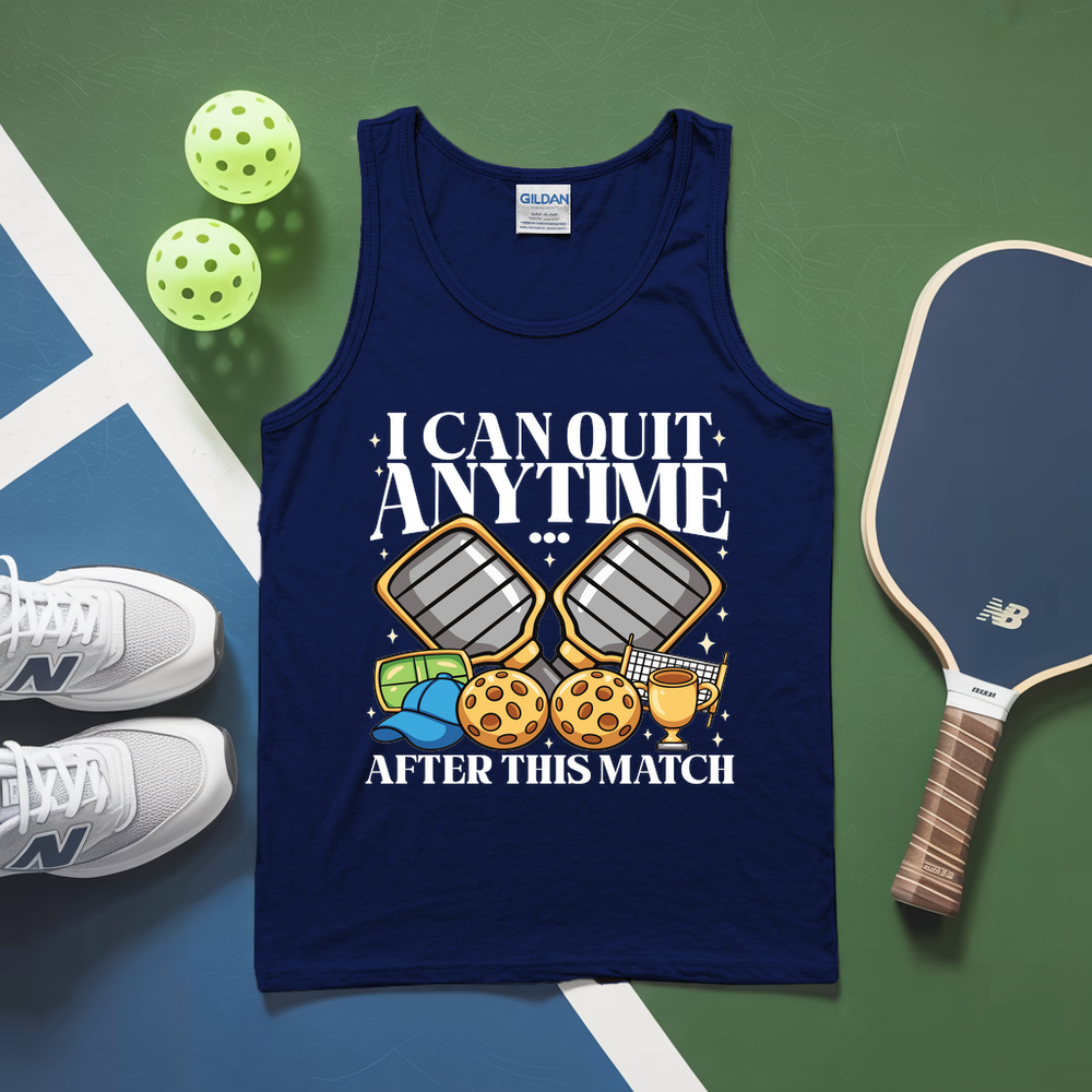 Navy tank top with humorous pickleball graphic and text on a green and blue background with pickleballs and paddle.