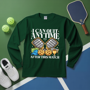 Green long-sleeve shirt with pickleball-themed design on a green and blue background
