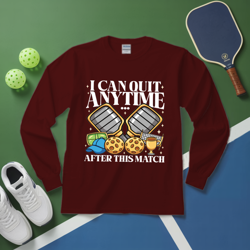 Maroon long-sleeve shirt with humorous pickleball graphic and text on a green and blue background.