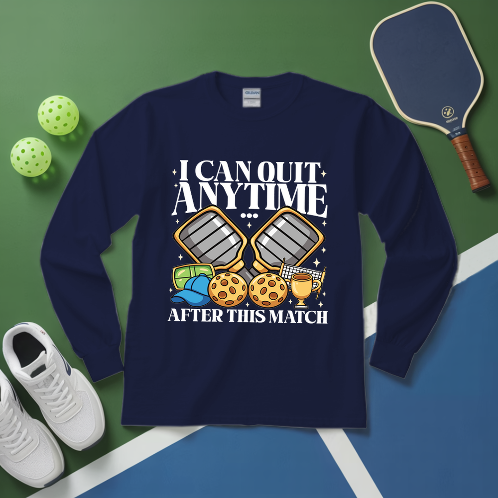 Navy blue sweatshirt with pickleball-themed design on a green and blue background with pickleball equipment.