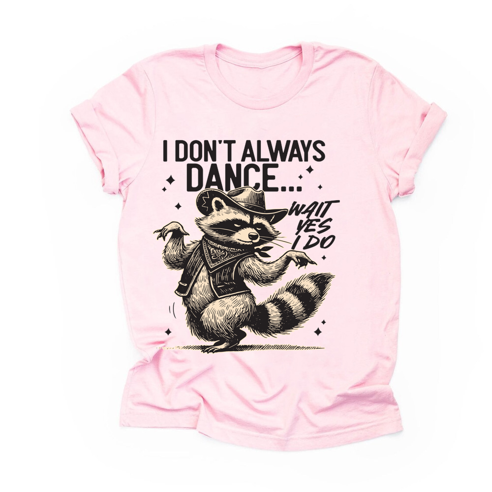 Pink t-shirt with a raccoon graphic and text on a white background