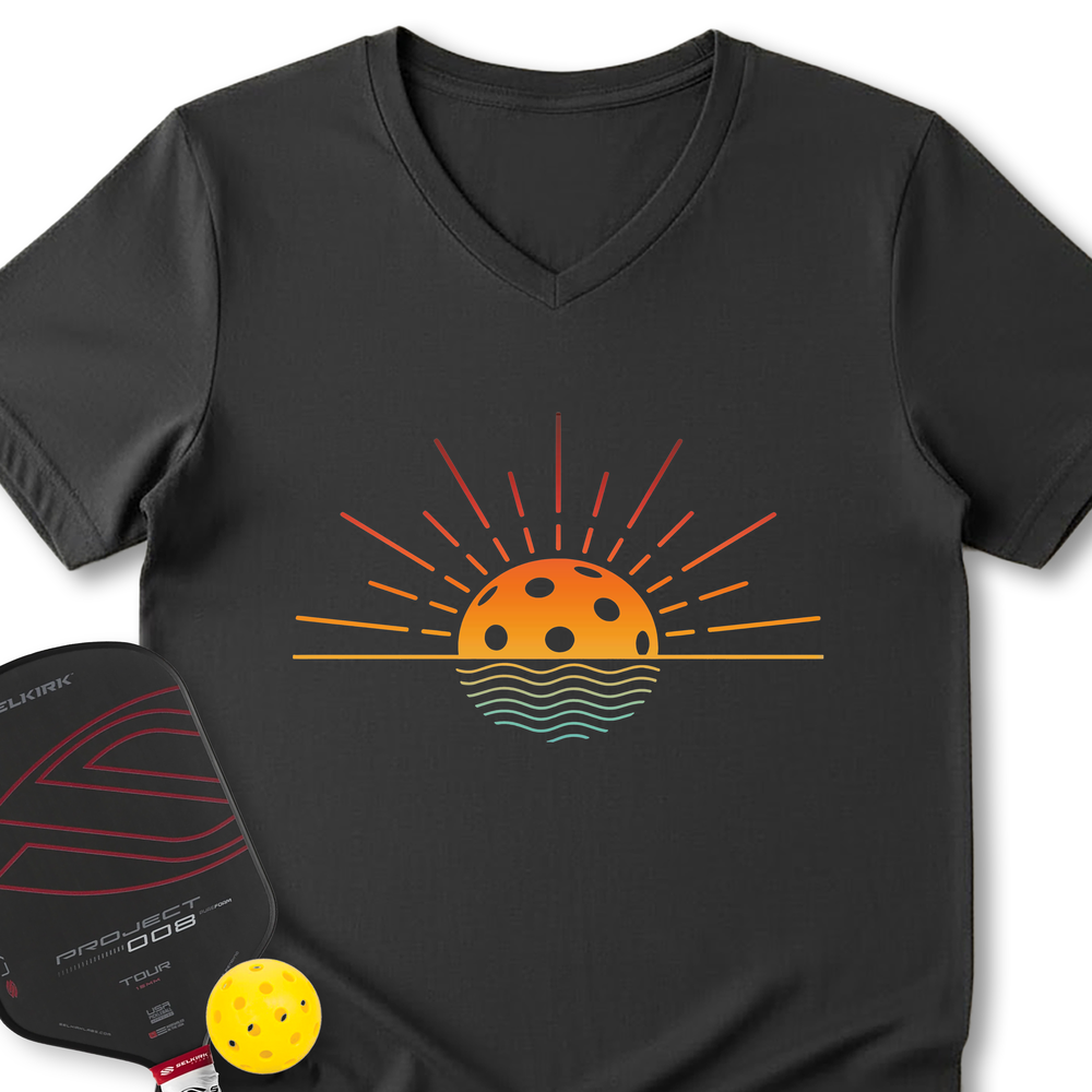 Pickleball Retro Sunset V-Neck T-Shirt - Picklechillz