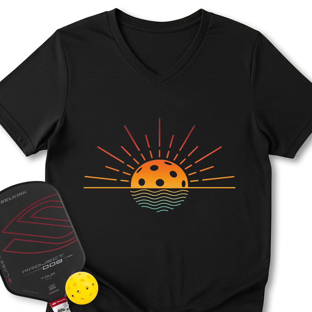 Pickleball Retro Sunset V-Neck T-Shirt - Picklechillz