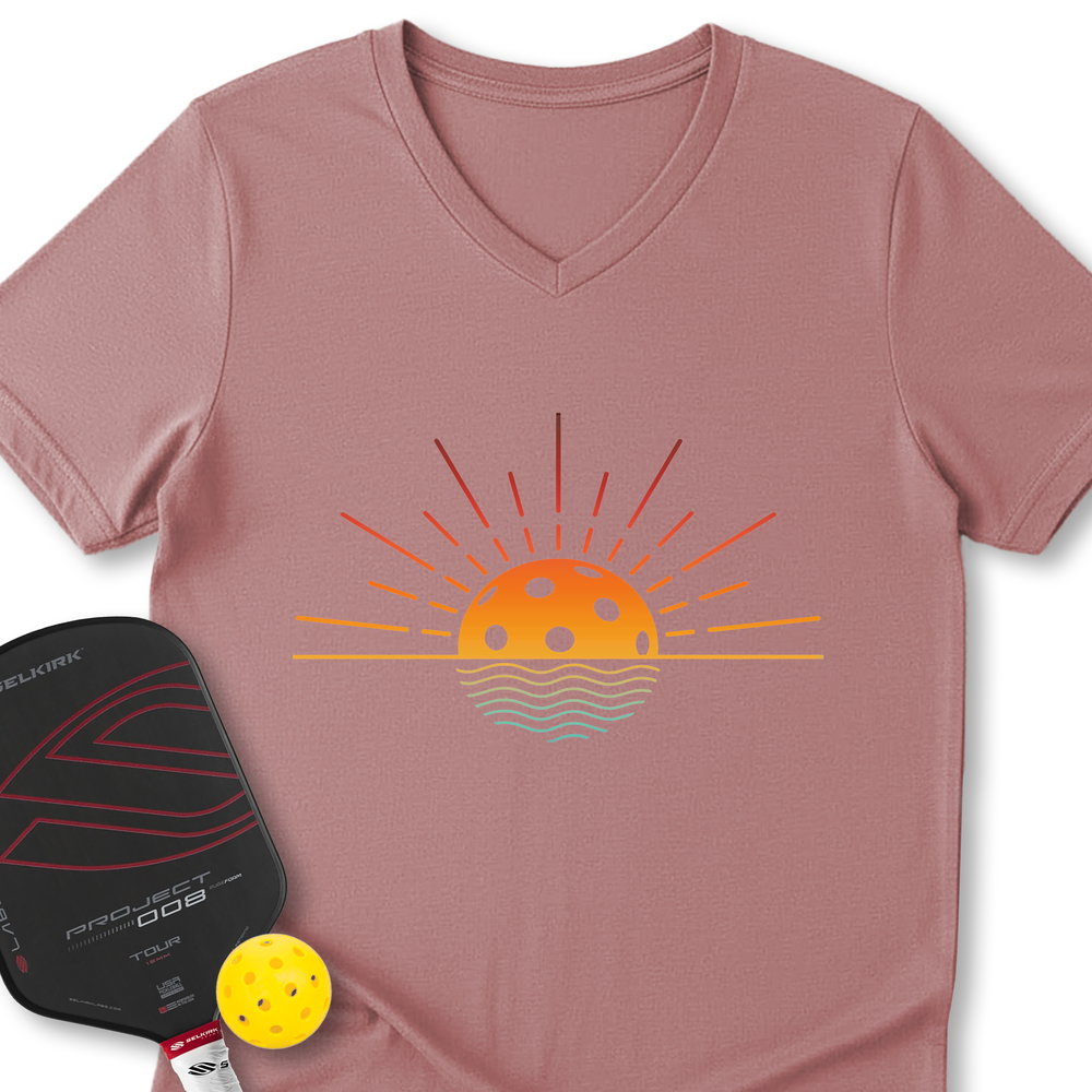 Pickleball Retro Sunset V-Neck T-Shirt - Picklechillz