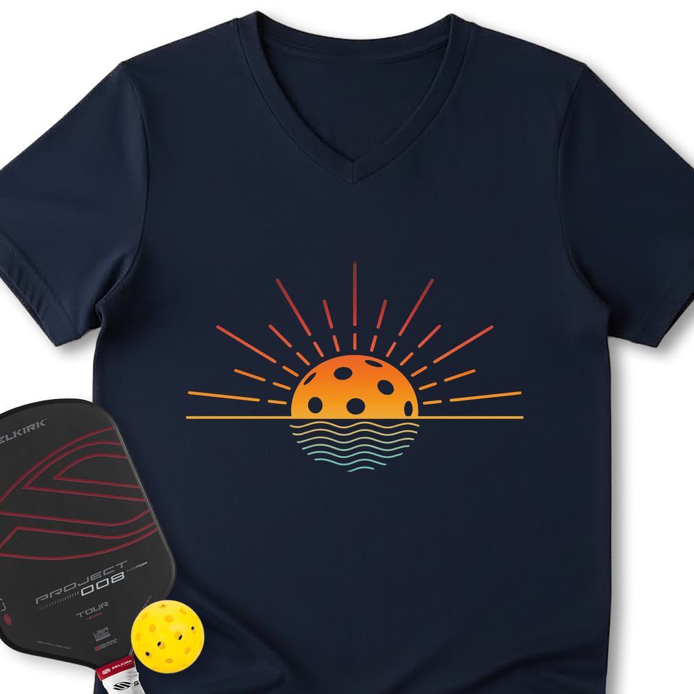 Pickleball Retro Sunset V-Neck T-Shirt - Picklechillz