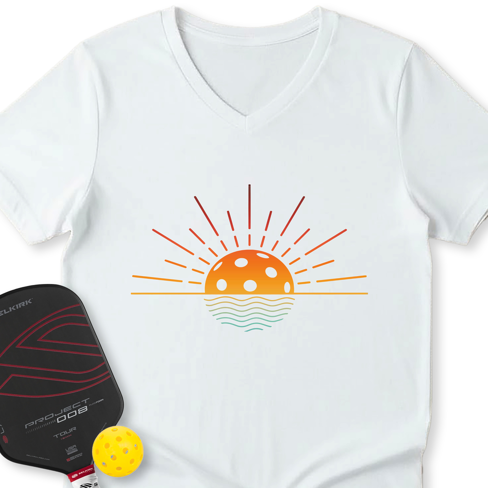 Pickleball Retro Sunset V-Neck T-Shirt - Picklechillz
