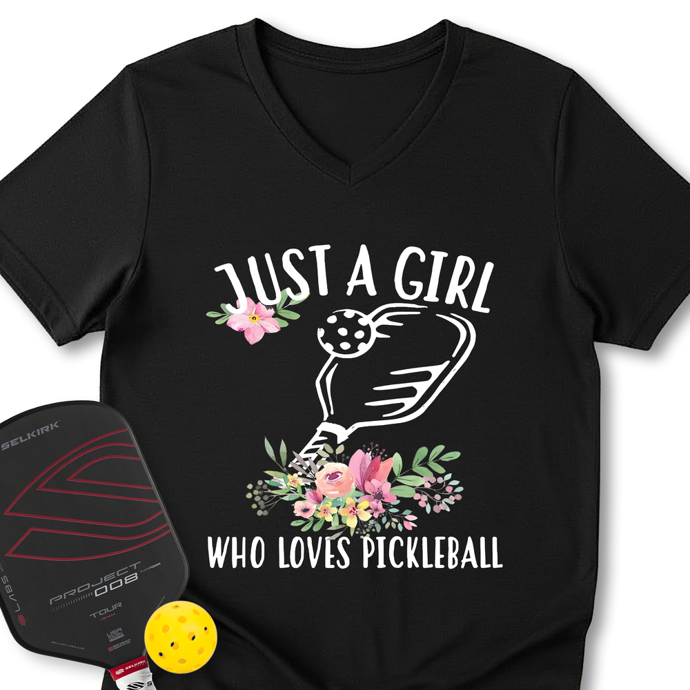 Just A Girl Who Loves Pickleball Flower V-Neck T-Shirt - Picklechillz