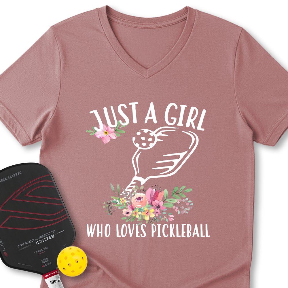 Just A Girl Who Loves Pickleball Flower V-Neck T-Shirt - Picklechillz