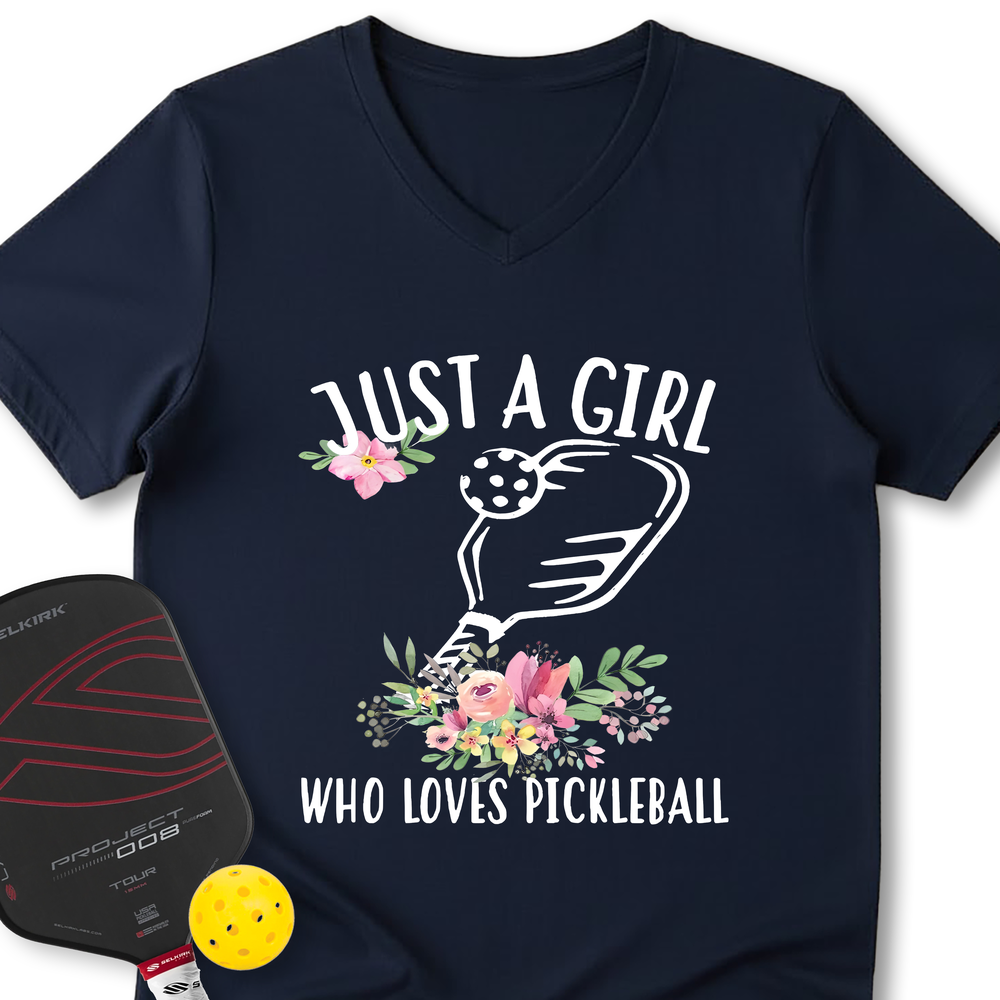Just A Girl Who Loves Pickleball Flower V-Neck T-Shirt - Picklechillz